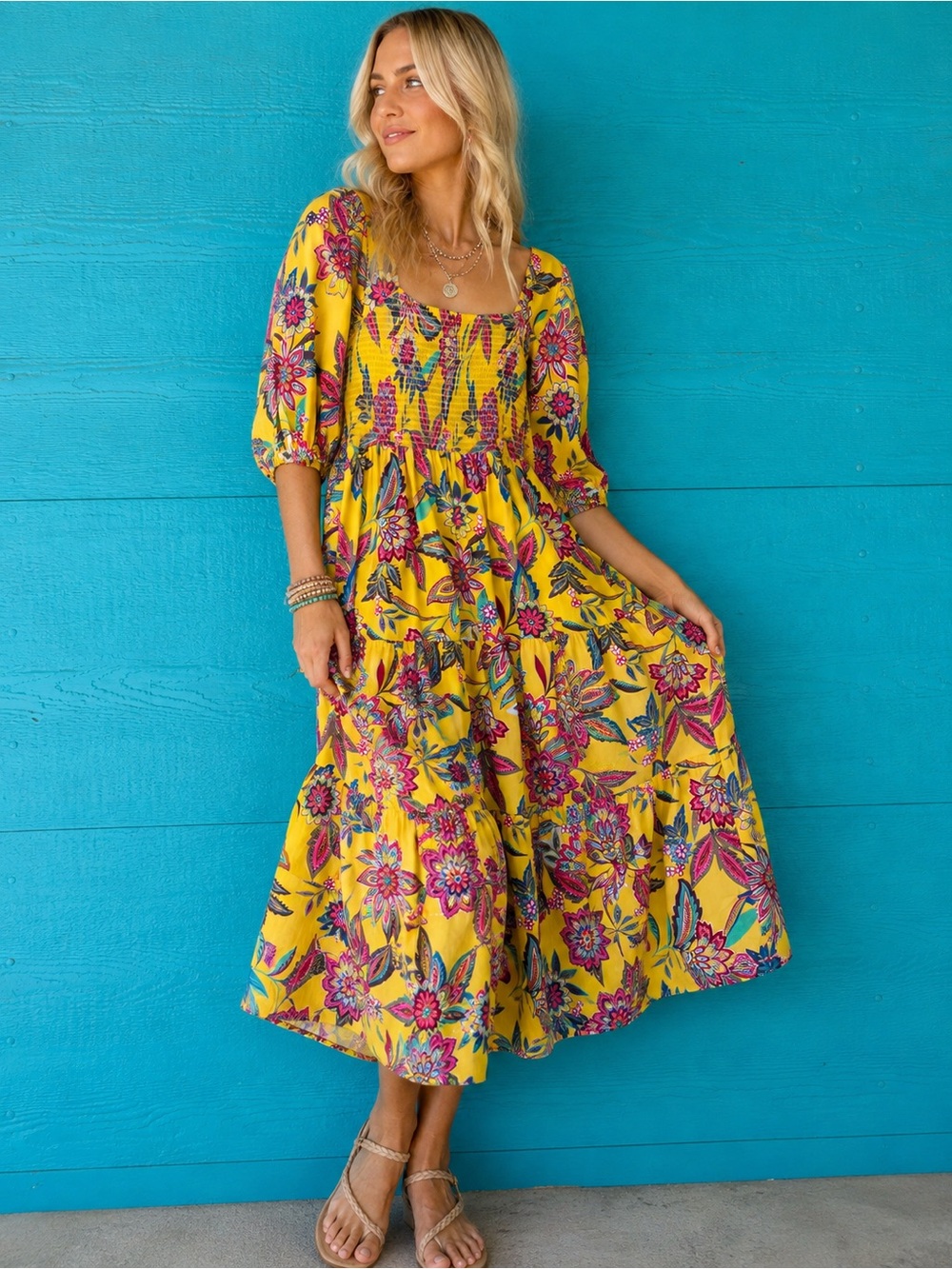 Johnny Was Mladen Yellow Floral Smocked Midi Dress Boho Cottagecore M